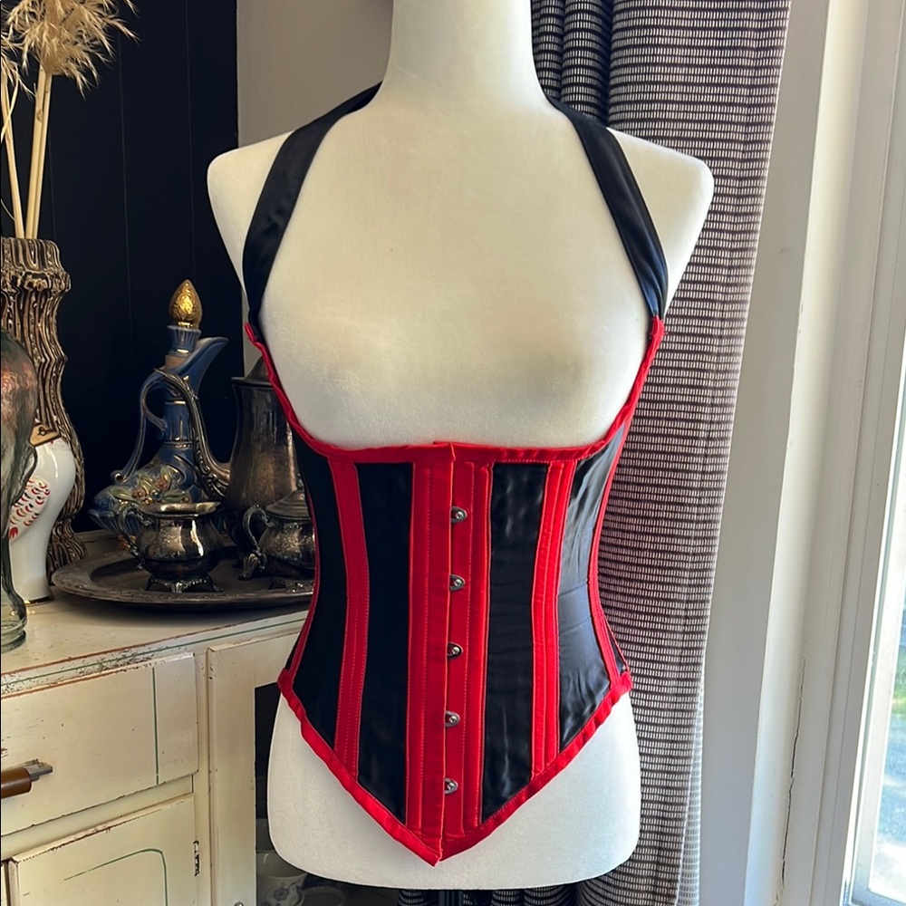 Red and Black Satin Steel Boned Corset from Versatile Fashions